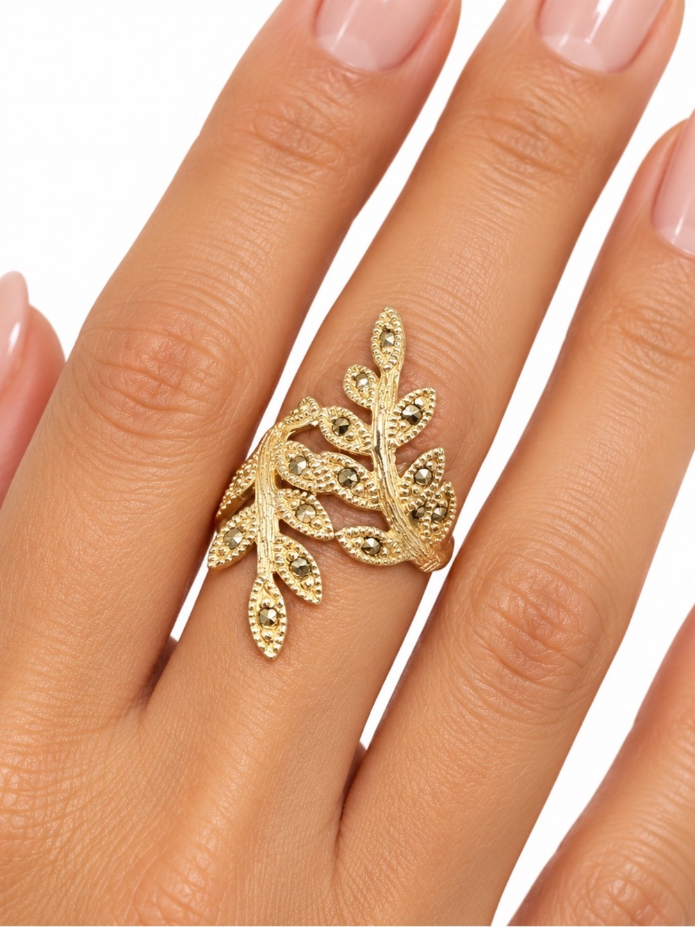Sterling Silver 925 Gold tone Marcasite Leaf wrap Statement Ring size 4